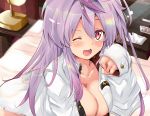  1girl azur_lane bangs bed bed_sheet breasts cleavage collarbone commentary_request electric_socket eyebrows_visible_through_hair grenville_(azur_lane) hair_between_eyes highres jacket large_breasts light_rays long_hair long_sleeves looking_at_viewer military military_uniform multicolored_hair one_eye_closed open_clothes open_jacket open_mouth purple_hair red_eyes shiny shiny_hair sidelocks solo tissue_box tonchinkan two-tone_hair uniform 