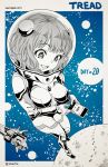  1girl aries_spring astronaut astronaut_helmet bangs blue_background border breasts english_text eyebrows_visible_through_hair full_body kanata_no_astra large_breasts medium_hair moon open_mouth smile solo space space_craft spacesuit vinhnyu white_border 