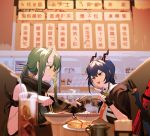  2girls arknights artist_request blue_hair bowl cafe ch&#039;en_(arknights) chinese_text chopsticks commentary_request cup dragon_horns drinking_glass eating fingerless_gloves food gloves green_hair highres horns hoshiguma_(arknights) multiple_girls noodles oni_horns plate pointing pointy_ears sandwich scabbard sheath sword table tea translation_request weapon 