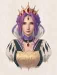  1girl closed_mouth commentary crown detached_collar dress forehead_jewel gem gown high_collar highres jewelry looking_at_viewer mature mirelia_q_melromarc miura-n315 portrait puffy_sleeves purple_eyes purple_hair queen red_lips sidelocks tate_no_yuusha_no_nariagari tiara 