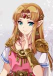  1girl bangs blonde_hair blue_eyes breasts circlet collarbone dress earrings grey_background index_finger_raised jewelry konoha2014 lips long_hair looking_at_viewer necklace parted_bangs pearl_necklace pointy_ears princess_zelda short_sleeves shoulder_armor sidelocks small_breasts smile solo straight_hair super_smash_bros. the_legend_of_zelda the_legend_of_zelda:_a_link_between_worlds triforce upper_body vambraces 