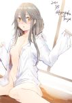  1girl brown_eyes dated grey_hair hair_between_eyes hair_ornament hairclip haruna_(kantai_collection) highres kantai_collection kyougoku_touya long_hair looking_at_viewer naked_shirt open_clothes open_shirt shirt sitting solo twitter_username 