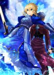  1boy 1girl ahoge archer armor armored_dress artoria_pendragon_(all) back-to-back bangs blonde_hair blue_dress blue_sky braid breastplate cloud cloudy_sky commentary_request dark_skin dark_skinned_male dress dutch_angle excalibur eyebrows_visible_through_hair facing_away fate/stay_night fate_(series) gauntlets glowing glowing_sword glowing_weapon green_eyes grey_hair hair_between_eyes highres holding holding_sword holding_weapon jacket juliet_sleeves kanshou_&amp;_bakuya long_sleeves looking_away o_(rakkasei) outdoors outstretched_arm puffy_sleeves red_jacket saber sidelocks sky sparkle sword weapon 