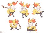  1girl animal_ear_fluff animal_ears arm_up artist_name barefoot braixen clenched_hand closed_eyes closed_mouth crossed_legs english_commentary fang fangs fox_ears fox_tail from_side full_body furry gen_6_pokemon half-closed_eyes hand_up hands_up happy highres holding invisible_chair kneeling knees_together_feet_apart leaning_forward leg_up legs_apart multiple_views nakios no_humans open_mouth outstretched_arm paw_pose paws pokemon pokemon_(creature) red_eyes seiza simple_background sitting sketch smile standing standing_on_one_leg stick tail twitter_username white_background 