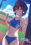  1girl arms_up bangs bare_arms bare_shoulders black_hair blue_sky blush bra breasts cloud collarbone commentary_request cowboy_shot day eyebrows_visible_through_hair hair_ornament highres looking_at_viewer mizuno_ai navel red_eyes short_hair sky smile solo sports_bra sportswear stadium tsuki_tokage underwear zombie_land_saga 