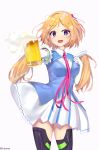  1girl aki_rosenthal alcohol bangs beer black_legwear blonde_hair breasts commentary detached_hair eyebrows_visible_through_hair fuenyuan hair_ornament highres holding hololive long_hair looking_at_viewer open_mouth parted_bangs purple_eyes simple_background smile solo thighhighs twintails virtual_youtuber white_background 