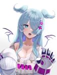  1girl absurdres aqua_eyes aqua_hair breasts cleavage collarbone elira_pendora eyebrows_visible_through_hair fang furido_(frifridress) gloves hair_ornament hair_over_one_eye hairclip head_wings highres large_breasts long_hair mole mole_on_armpit nijisanji nijisanji_en open_mouth simple_background single_glove sleeves_past_wrists solo suspenders sweater upper_body virtual_youtuber white_background wings 