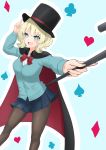  1girl absurdres alternate_costume black_cape blonde_hair blue_background blue_cardigan blue_eyes blue_skirt border breasts cape club_(shape) colorado_(kantai_collection) commentary_request cosplay diamond_(symbol) feet_out_of_frame hat heart highres himenagi_yuuki holding_cane kantai_collection large_breasts magician multicolored multicolored_cape multicolored_clothes necktie pantyhose pleated_skirt red_neckwear shirt short_hair side_braids skirt spade_(shape) tejina_senpai top_hat white_border white_shirt 