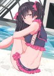  absurdres bare_shoulders bikini black_hair blush bow brown_eyes dimples_of_venus frilled_bikini frills from_behind hair_ornament hair_ribbon heart heart_hair_ornament highres idolmaster idolmaster_shiny_colors looking_at_viewer mayuzumi_fuyuko mizuabi_kamome pool rei_no_pool ribbon sitting swimsuit two_side_up wet 