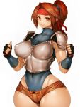  1girl armor blue_gloves blue_leotard breastplate breasts brown_hair final_fantasy final_fantasy_vii fingering fumio_(rsqkr) gloves hairband headband highres jessie_(ff7) large_breasts leotard lips long_hair looking_at_viewer ponytail red_headband short_shorts shorts simple_background smile solo thumbs_up white_background wide_hips 