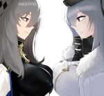  2girls absurdres azur_lane breast_press breastplate breasts coat coat_dress corset covered_nipples eye_contact fur-trimmed_coat fur_trim grey_hair high_collar highres large_breasts light_smile looking_at_another mole mole_under_eye multiple_girls penchamu! portrait red_eyes saint-louis_(azur_lane) sovetskaya_rossiya_(azur_lane) symmetrical_docking white_coat white_hair 