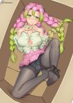  1girl absurdres alternate_costume artist_name black_legwear blush box breasts bursting_breasts cameltoe cleavage collared_shirt feet from_above full_body gradient_hair green_eyes green_hair green_nails hands_on_own_chest hands_together highres in_box in_container kanroji_mitsuri kimetsu_no_yaiba konishi_(565112307) large_breasts long_hair long_sleeves looking_at_viewer lying miniskirt mole mole_under_eye multicolored_hair nail_polish on_back open_mouth panties panties_under_pantyhose pantyhose pink_hair pink_skirt see-through shirt signature skirt solo spread_legs tareme tri_braids two-tone_hair underwear white_panties white_shirt 