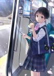  1girl absurdres bag bangs black_hair blunt_bangs blurry blurry_background bow brown_eyes day headphones highres juice_box original pleated_skirt school_uniform shirt short_hair skirt smile solo standing sweater_vest taka_(tsmix) train_interior white_shirt 