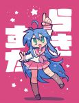  1girl :3 :d ahoge blue_hair brown_footwear commentary_request copyright_name full_body green_eyes highres index_finger_raised izumi_konata kneehighs loafers long_hair looking_at_viewer lucky_star mole mole_under_eye neckerchief open_mouth pink_neckwear pink_skirt pleated_skirt rariatto_(ganguri) ryouou_school_uniform school_uniform serafuku shoes skirt smile solo 