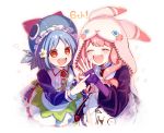  2girls :d ^_^ absurdres animal_ears animal_hat animal_hood bangs blue_hair blue_headwear blue_shirt blue_skirt blush bug center_frills closed_eyes commentary_request copyright_request elbow_gloves eyebrows_visible_through_hair fake_animal_ears fingerless_gloves flower food frilled_hat frills fruit gloves hair_flower hair_ornament hat heart highres hood hood_up insect ladybug long_hair long_sleeves multiple_girls open_mouth parted_bangs pink_hair puffy_long_sleeves puffy_sleeves purple_gloves purple_shirt red_eyes round_teeth shirt skirt smile sofra sparkle strawberry teeth upper_teeth vertical-striped_gloves vest white_background white_flower white_vest 