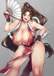  1girl absurdres armpits breasts brown_eyes brown_hair cleavage commentary_request covered_nipples fan fatal_fury fingerless_gloves gloves hair_intakes hair_ribbon hand_on_hip high_ponytail highres huge_breasts long_hair looking_at_viewer one_eye_closed open_mouth ponytail ribbon round_teeth shiranui_mai smile solo sonparesu teeth the_king_of_fighters thighs very_long_hair white_ribbon 