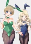  2girls alternate_costume animal_ears black_legwear blonde_hair blue_eyes blue_leotard blue_neckwear bow bowtie braid breasts brown_hair bunny_ears bunnysuit cleavage commentary_request covered_navel cowboy_shot detached_collar glasses green_neckwear green_sailor_collar large_breasts leotard long_hair looking_at_viewer lynette_bishop minpei_ichigo multiple_girls one_eye_closed open_mouth pantyhose perrine_h_clostermann sailor_collar single_braid small_breasts standing strike_witches thigh_gap world_witches_series wrist_cuffs yellow_eyes 