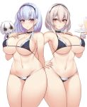  2girls :o azur_lane bikini blush breasts choker cleavage collarbone commentary_request dido_(azur_lane) doll earrings feet_out_of_frame frilled_choker frills glass hairband hand_on_breast hand_on_hip heart heart_earrings jewelry kuavera large_breasts looking_at_viewer maid_bikini multiple_girls navel pink_eyes sirius_(azur_lane) skindentation swimsuit thighs tray white_background yellow_eyes 
