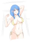  1girl :q absurdres arm_behind_head armpits azurcentauri bikini blue_hair blush breasts cameltoe commentary_request covered_nipples derivative_work grey_eyes heart heart-shaped_pupils highres large_breasts long_hair looking_at_viewer low_twintails micro_bikini mole mole_on_breast mole_under_mouth navel original reference_photo_request side-tie_bikini smile solo swimsuit symbol-shaped_pupils tongue tongue_out twintails yellow_bikini 