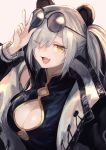  1girl ;d animal_ears arknights armpit_peek black_dress black_jacket breasts china_dress chinese_clothes cleavage cleavage_cutout dress eyewear_on_head fang feater_(arknights) gold_trim hand_up highres jacket large_breasts long_hair long_sleeves looking_at_viewer multicolored_hair one_eye_closed open_clothes open_jacket open_mouth orange_eyes panda_ears round_eyewear shirataki_jiro silver_hair simple_background sleeveless sleeveless_dress smile solo sunglasses two-tone_hair upper_body w white_background 