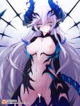  1girl ass_visible_through_thighs blue_eyes breasts cowboy_shot crotchless cum cumdrip demon_girl elsword eyebrows_visible_through_hair grin hair_between_eyes half-closed_eyes horns iblis_(elsword) large_breasts long_hair looking_at_viewer luciela_r._sourcream multiple_horns navel nipples parted_lips patreon_logo pointy_ears revealing_clothes shaded_face smile solo tail waero white_hair 
