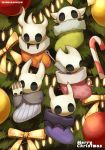  1girl 4others absurdres bauble candy candy_cane christmas christmas_lights christmas_ornaments christmas_stocking christmas_tree commentary_request food fur_trim highres holding holding_weapon hollow_eyes hollow_knight hollow_knight_(character) hornet_(hollow_knight) horns knight_(hollow_knight) looking_at_viewer maga_(comicfans100) merry_christmas multiple_others no_humans pale_king_(hollow_knight) peeking_out ribbon sitting stuffed_toy weapon younger 