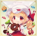  1girl :3 bitten blonde_hair border candy candy_cane character_name chibi chocolate_doughnut crumbs doughnut english_text flandre_scarlet food fruit grapes hat holding holding_food kiwi_slice looking_at_viewer macaron mob_cap muffin orchid_(pixiv3730518) oversized_food puffy_short_sleeves puffy_sleeves red_eyes red_skirt short_sleeves skirt smile solo sprinkles touhou wings 