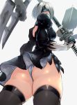  1girl ass back black_dress black_legwear breasts dress flint floating floating_object gloves hairband highres holding katana mole mole_under_mouth negresco nier_(series) nier_automata pod_(nier_automata) short_hair silver_hair solo sword thighhighs weapon yorha_no._2_type_b 