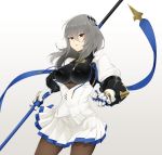  1girl azur_lane blue_ribbon breastplate breasts chysk_hm corset covered_nipples cowboy_shot diamond_(shape) eyebrows_visible_through_hair fleur_de_lis gauntlets grey_background grey_hair hair_between_eyes hair_ornament holding holding_polearm holding_spear holding_weapon long_hair looking_at_viewer medium_breasts mole mole_under_eye pleated_skirt polearm polearm_behind_back red_eyes ribbon saint-louis_(azur_lane) simple_background skirt solo spear unitard weapon white_corset white_skirt 