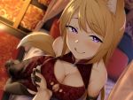  1girl animal_ears aoi_chizuru bare_shoulders black_gloves black_legwear blonde_hair blurry blurry_background blush breast_grab breasts china_dress chinese_clothes cleavage cleavage_cutout closed_mouth commentary_request dress elbow_gloves eyebrows_visible_through_hair fox_ears fox_tail gloves grabbing guided_breast_grab indoors kitsune long_hair looking_at_viewer medium_breasts mole mole_under_eye naughty_face on_bed original pov print_dress purple_eyes red_dress solo tail thighhighs tongue tongue_out 