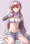  1girl bare_legs barefoot bed_sheet bra breasts cleavage elbow_gloves eyebrows_visible_through_hair fate/grand_order fate_(series) frilled_skirt frills full_body gloves groin hand_in_hair highres izumi_(2476264) lips long_hair looking_at_viewer medb_(fate)_(all) medb_(fate/grand_order) medium_breasts midriff miniskirt navel purple_background purple_bra red_hair shrug_(clothing) simple_background sitting skirt smile solo straight_hair thighs tiara underwear wariza white_gloves yellow_eyes 