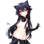  1girl ahoge animal_ears black_gloves black_hair black_pants blush breasts commentary_request copyright_request dated ejami ekko_(ejami) eyebrows_visible_through_hair fox_ears fox_girl fox_tail gloves hair_over_breasts long_hair looking_at_viewer medium_breasts original pants red_eyes signature simple_background smile solo tagme tail white_background 