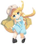  1girl :o bag bangs black_footwear blonde_hair blue_eyes blue_shirt blush boots brown_headwear brown_shorts charlotta_fenia clothes_writing commentary_request cosplay flag flat_cap full_body granblue_fantasy hair_between_eyes harvin hat hataraku_saibou holding holding_flag long_hair o_(rakkasei) oversized_clothes oversized_shirt parted_lips platelet_(hataraku_saibou) platelet_(hataraku_saibou)_(cosplay) pointy_ears shirt short_sleeves shorts shoulder_bag simple_background solo translation_request very_long_hair white_background 