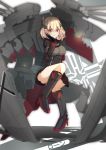  1girl azur_lane black_capelet black_dress blonde_hair boots breasts brown_eyes cannon capelet collared_jacket dress eyebrows_visible_through_hair full_body hair_between_eyes hair_ornament headgear highres large_breasts loli_ta1582 looking_at_viewer machinery mechanical_boots mechanical_hands medium_hair multicolored_hair red_hair roon_(azur_lane) sitting solo streaked_hair turret yandere 