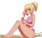  1girl ass bare_legs bare_shoulders barefoot bikini blonde_hair blush breasts brown_eyes cleavage commentary dark_skin eating food from_side full_body green_scrunchie gyaru hair_ornament hair_scrunchie hand_up holding holding_spoon ice_cream large_breasts looking_at_viewer looking_to_the_side medium_hair no_nose original ponytail purple_bikini scrunchie side-tie_bikini simple_background sitting solo spoon sumiyao_(amam) swimsuit white_background 