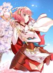  1girl armored_skirt breasts brown_eyes capelet cherry_blossoms cowboy_shot day elbow_gloves fire_emblem fire_emblem_fates gloves gohei hairband highres japanese_clothes medium_breasts misu_kasumi nontraditional_miko outdoors petals pink_hair sakura_(fire_emblem) short_hair smile solo staff thighhighs thighs white_gloves white_legwear wind 