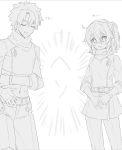  1boy 1girl belt commentary_request cosplay costume_switch fate/grand_order fate_(series) fujimaru_ritsuka_(female) fujimaru_ritsuka_(male) greyscale highres midriff monochrome navel one_side_up pants shino-o short_hair simple_background smile sweatdrop true_ether_chaldea_uniform white_background 