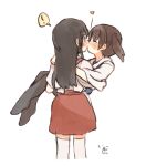  ! 2girls akagi_(kantai_collection) blush brown_hair carrying closed_eyes heart ina_(1813576) kaga_(kantai_collection) kantai_collection kiss long_hair multiple_girls princess_carry side_ponytail signature sketch white_background yuri 