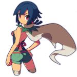  1girl bare_back black_hair breasts cape closed_mouth eyebrows_visible_through_hair from_behind green_shorts hair_bobbles hair_ornament hand_on_hip higana_(pokemon) holding holding_poke_ball looking_at_viewer metata poke_ball poke_ball_(generic) pokemon pokemon_(game) pokemon_oras short_hair shorts simple_background small_breasts smile solo white_background white_cape 