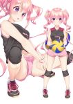  1girl :&lt; ball bangs bare_arms bare_shoulders belly_peek black_shirt blush breasts closed_mouth eyebrows_visible_through_hair hair_between_eyes highres holding holding_ball k_mugura knee_pads long_hair mayumiya_tsumugi medium_breasts multiple_views navel pink_footwear pink_hair pink_shorts princess_connect! princess_connect!_re:dive purple_eyes shirt shoes short_shorts shorts simple_background sleeveless sleeveless_shirt socks squatting standing twintails very_long_hair white_background white_legwear 