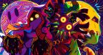  glowing glowing_eyes homriette hood hyness kirby:_star_allies kirby_(series) looking_at_viewer mask moon_(majora&#039;s_mask) pose skull_kid the_legend_of_zelda the_legend_of_zelda:_majora&#039;s_mask void_termina wide-eyed yellow_sclera 