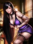  1girl absurdres adjusting_clothes alternate_costume armlet artist_name black_hair blurry blurry_background bracelet breasts cleavage covered_navel curtains dress earrings final_fantasy final_fantasy_vii final_fantasy_vii_remake highres jewelry leaning_forward liang_xing long_hair looking_at_viewer neck_ribbon paid_reward patreon_reward patreon_username purple_dress ribbon signature smile solo sunlight thigh_strap tifa_lockhart 