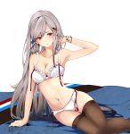  1girl arm_support armpits azur_lane bangs black_legwear blue_butterfly bra breasts butterfly_hair_ornament collarbone commentary_request dunkerque_(azur_lane) full_body grey_hair hair_ornament long_hair looking_at_viewer medium_breasts midriff navel panties pink_eyes rizzl serious sidelocks sitting solo swept_bangs thighhighs thighs underwear underwear_only very_long_hair white_bra white_panties yokozuwari 