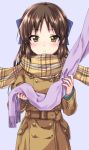  1girl blue_background blue_bow blush bow brown_coat brown_eyes brown_hair brown_scarf closed_mouth coat commentary hair_bow highres idolmaster idolmaster_cinderella_girls kuroi_mimei light_frown long_hair long_sleeves looking_at_viewer plaid plaid_scarf scarf simple_background solo standing tachibana_arisu trench_coat winter_clothes yellow_scarf 