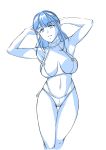  1girl absurdres armpits arms_behind_head azurcentauri blue_theme breasts choker cleavage highres large_breasts long_hair multiple_monochrome navel o-ring o-ring_bikini original simple_background sketch solo swimsuit thigh_gap white_background 