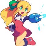  1girl arm_cannon blonde_hair blush_stickers boots dress green_eyes hair_between_eyes hair_ribbon long_hair looking_afar metata open_mouth ponytail red_dress red_footwear ribbon rockman rockman_(classic) roll simple_background solo weapon white_background 