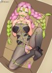  1girl absurdres alternate_costume artist_name ball_gag bdsm black_bodysuit blush bodysuit bondage bound box breasts covered_navel crotch_cutout feet from_above gag gradient_hair green_eyes green_hair green_nails hands_on_own_chest hands_together highres in_box in_container kanroji_mitsuri kimetsu_no_yaiba konishi_(565112307) large_breasts long_hair looking_at_viewer lying mole mole_under_eye multicolored_hair nail_polish nipples no_panties on_back pink_hair pubic_tattoo pussy see-through shibari signature sleeveless soles solo spaghetti_strap spread_legs tape tareme tattoo tied_up toenail_polish tri_braids two-tone_hair uncensored vibrator 