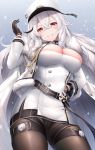  1girl areola_slip areolae azur_lane bangs belt black_gloves black_legwear blush breasts cape cleavage commentary_request crossed_bangs fur-trimmed_cape fur_trim gangut_(azur_lane) gloves hair_between_eyes hair_ornament hairclip hand_on_hip hat head_tilt highres jacket large_breasts long_hair long_sleeves looking_at_viewer military_hat mole mole_under_eye pantyhose parted_lips partly_fingerless_gloves peaked_cap red_eyes silver_hair smile snowing solo standing very_long_hair white_jacket yuwari_ume 