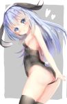  1girl :o animal_ears ass bangs bare_arms bare_shoulders black_legwear black_leotard blue_eyes blue_hair blush breasts bunny_ears bunny_tail bunnysuit commentary_request eyebrows_visible_through_hair fake_animal_ears gochuumon_wa_usagi_desu_ka? grey_background hair_between_eyes hair_ornament hairband heart highres kafuu_chino leotard long_hair looking_at_viewer looking_to_the_side na!?_(naxtuyasai) parted_lips small_breasts solo strapless strapless_leotard tail thighhighs two-tone_background very_long_hair white_background white_hairband x_hair_ornament 