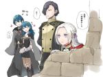  2boys 2girls armor black_hair black_shorts blue_hair byleth_(fire_emblem) byleth_(fire_emblem)_(female) byleth_(fire_emblem)_(male) closed_eyes closed_mouth edelgard_von_hresvelg fire_emblem fire_emblem:_three_houses garreg_mach_monastery_uniform gloves hair_over_one_eye hair_ribbon hubert_von_vestra long_hair long_sleeves medium_hair multiple_boys multiple_girls open_mouth parted_lips purple_eyes ribbon robaco short_hair shorts uniform white_gloves white_hair 